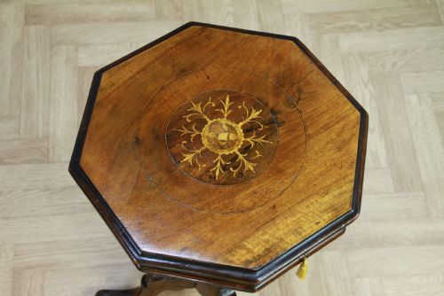 fig 4. Antique Victorian Walnut Inlaid Octagonal Sewing Trumpet Table Side Lamp C1880
