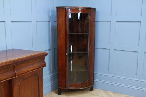 Antique Early Victorian Mahogany Curved Glazed Corner Floor Standing Cabinet
