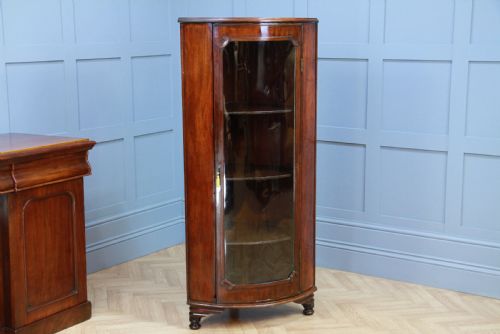 fig 1. Antique Early Victorian Mahogany Curved Glazed Corner Floor Standing Cabinet