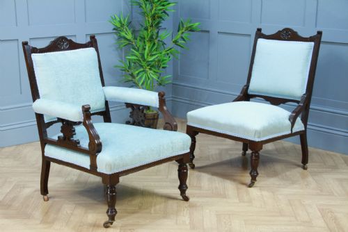 ANTIQUE EDWARDIAN UPHOLSTERED CARVED MAHOGANY LADIES GENTS ARM CHAIRS FIRESIDE RESTORED C1900 - ADDITIONAL PHOTO 6