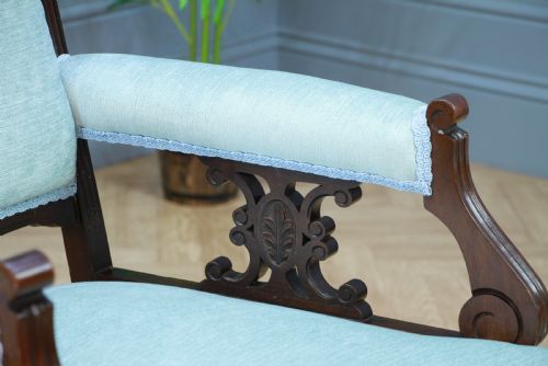 ANTIQUE EDWARDIAN UPHOLSTERED CARVED MAHOGANY LADIES GENTS ARM CHAIRS FIRESIDE RESTORED C1900 - ADDITIONAL PHOTO 7