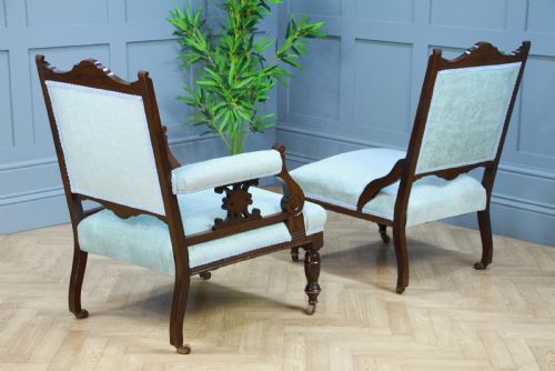 ANTIQUE EDWARDIAN UPHOLSTERED CARVED MAHOGANY LADIES GENTS ARM CHAIRS FIRESIDE RESTORED C1900 - ADDITIONAL PHOTO 10