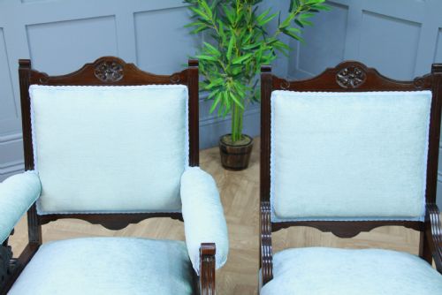 ANTIQUE EDWARDIAN UPHOLSTERED CARVED MAHOGANY LADIES GENTS ARM CHAIRS FIRESIDE RESTORED C1900 - ADDITIONAL PHOTO 11
