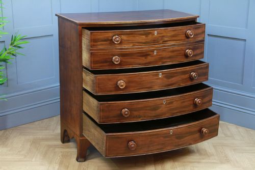 fig 1. Antique Original Georgian Inlaid Bow Front Mahogany Chest of 4 Drawers Restored