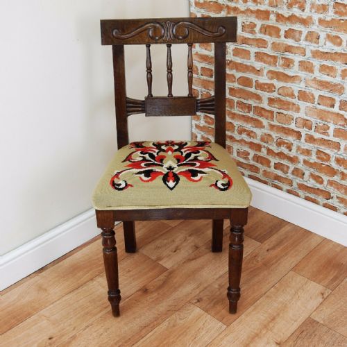 Antique Late Victorian Medium Oak Carved Hall Chair Ecclesiastical Tapestry 1880