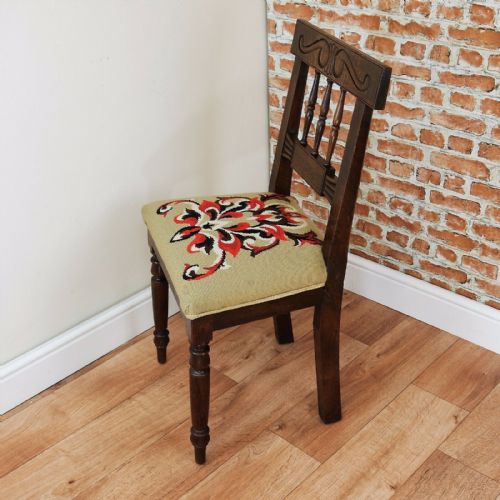fig 1. Antique late Victorian Medium Oak Carved Hall Chair Ecclesiastical Tapestry 1880