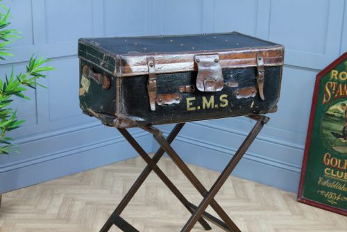 Antique Vintage 1920s Leather & Canvas Steamer Trunk Travel Chest
