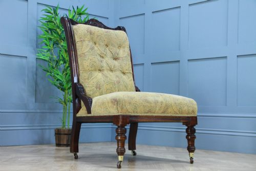 fig 1. Antique Edwardian Carved Button Back Mahogany Fireside Ladies Chair C1895