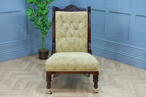 fig 2. Antique Edwardian Carved Button Back Mahogany Fireside Ladies Chair C1895