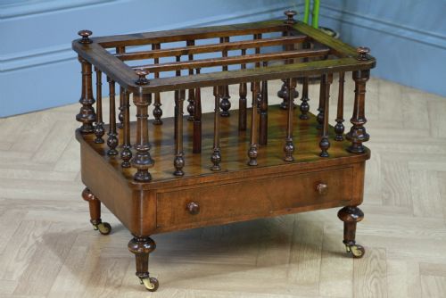 Antique Original Victorian Burr Walnut Inlaid Turned Canterbury with Drawer 1870