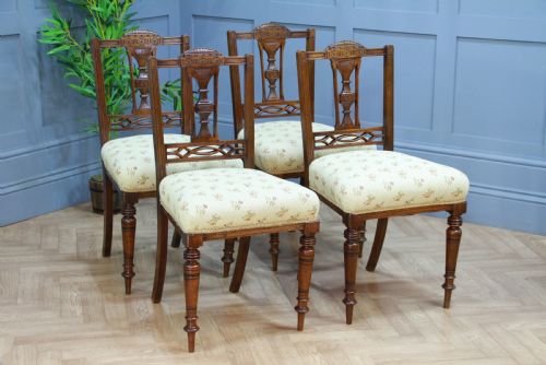 Set of 4 Antique Original Edwardian Walnut Carved Upholstered Dining Chairs 1910
