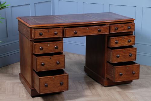 fig 2. Antique Late Victorian Small Mahogany 9 Drawer Twin Pedestal Writing Desk C1890