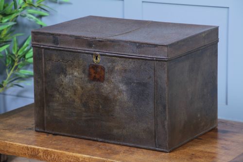 fig 1. Antique Victorian Tinplate Metal Deed Chest Trunk Box Vintage C1860