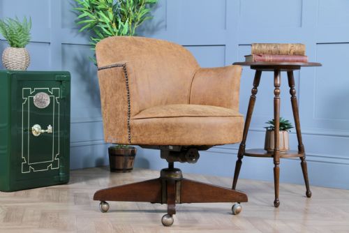 fig 1. Vintage Restored Adjustable Height Round Tan Tub Office Swivel Chair
