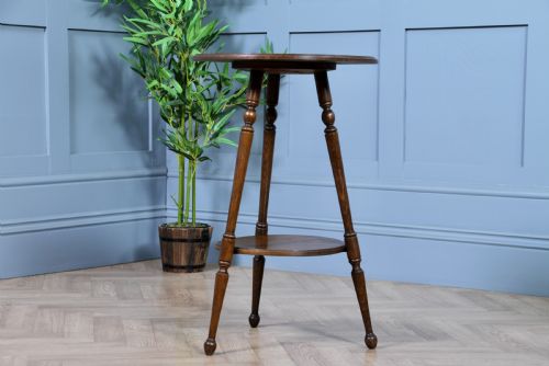 fig 1. Original Antique Arts & Crafts Solid Oak Round Wine Lamp Side Table Occasional Turned Tripod