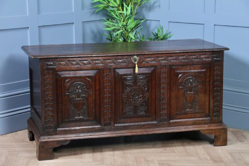 Antique Georgian 17th Century Oak Carved Coffer Locking with Original Key