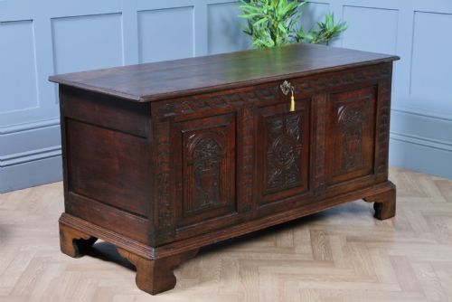 fig 1. Antique Georgian 17th Century Oak Carved Coffer Locking With Original Key