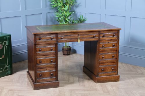 fig 1. Antique Late Victorian Small Oak 9 Drawer Twin Pedestal Writing Desk With Key C1880
