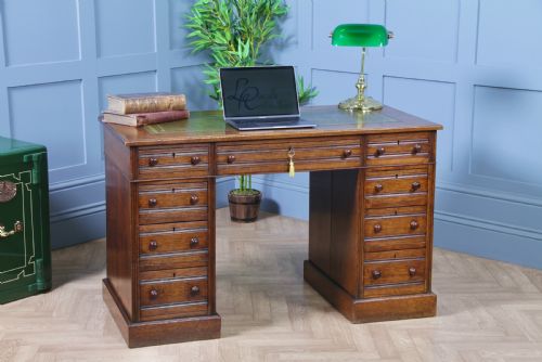 Antique Late Victorian Small Oak 9 Drawer Twin Pedestal Writing Desk with Key C1880
