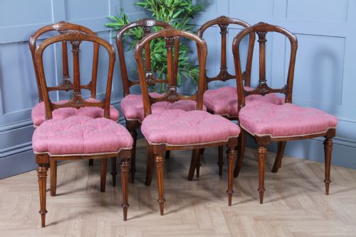 fig 1. Set of 6 Antique Late Victorian Walnut Carved Crown Splat Back Dining Chairs