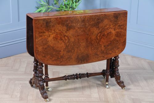 Antique Early Victorian Burr Walnut Carved Drop Leaf Sutherland Dining Table