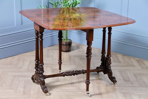 fig 1. Antique Early Victorian Burr Walnut Carved Drop Leaf Sutherland Dining Table