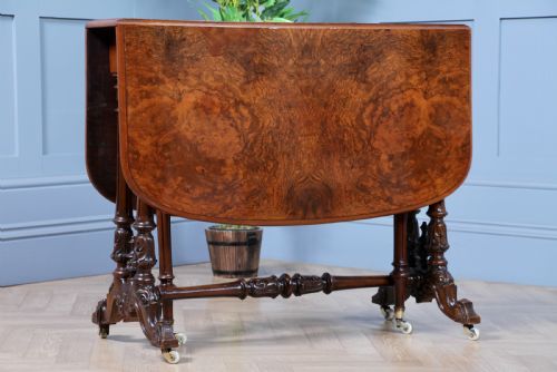 fig 3. Antique Early Victorian Burr Walnut Carved Drop Leaf Sutherland Dining Table
