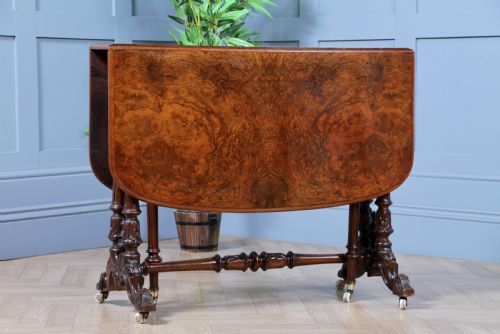 fig 4. Antique Early Victorian Burr Walnut Carved Drop Leaf Sutherland Dining Table