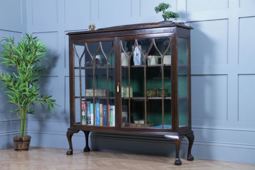 fig 1. Antique Oak Gothic Glazed Display China Cabinet on Queen Anne Legs 1920