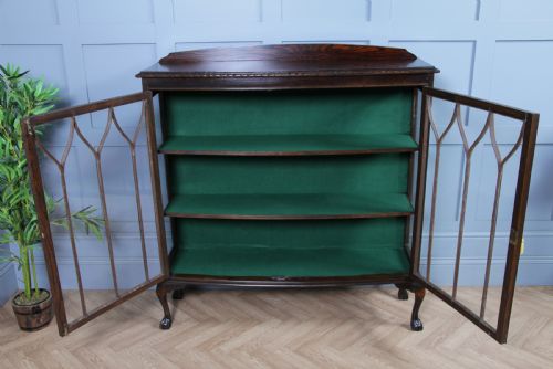 fig 3. Antique Oak Gothic Glazed Display China Cabinet on Queen Anne Legs 1920
