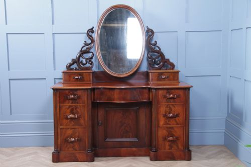 Antique Large Victorian Flame Mahogany Carved Duchess Dressing Table with Mirror