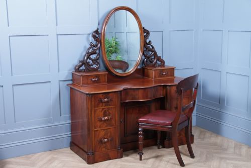 fig 1. Antique Large Victorian Flame Mahogany Carved Duchess Dressing Table With Mirror