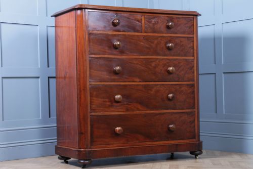 fig 1. Original Antique Victorian Large Flame Grain Mahogany Chest of 6 Deep Drawers