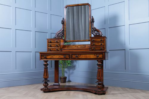 ANTIQUE VICTORIAN BURR WALNUT EBONISED PIANO TOPPED CARVED DUCHESS DRESSING TABLE WITH MIRROR C1860 - ADDITIONAL PHOTO 1