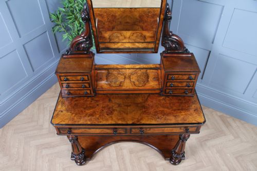ANTIQUE VICTORIAN BURR WALNUT EBONISED PIANO TOPPED CARVED DUCHESS DRESSING TABLE WITH MIRROR C1860 - ADDITIONAL PHOTO 3