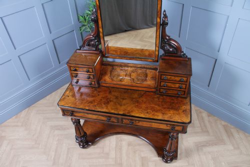ANTIQUE VICTORIAN BURR WALNUT EBONISED PIANO TOPPED CARVED DUCHESS DRESSING TABLE WITH MIRROR C1860 - ADDITIONAL PHOTO 4