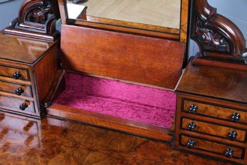 ANTIQUE VICTORIAN BURR WALNUT EBONISED PIANO TOPPED CARVED DUCHESS DRESSING TABLE WITH MIRROR C1860 - ADDITIONAL PHOTO 5