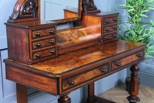 ANTIQUE VICTORIAN BURR WALNUT EBONISED PIANO TOPPED CARVED DUCHESS DRESSING TABLE WITH MIRROR C1860 - ADDITIONAL PHOTO 11