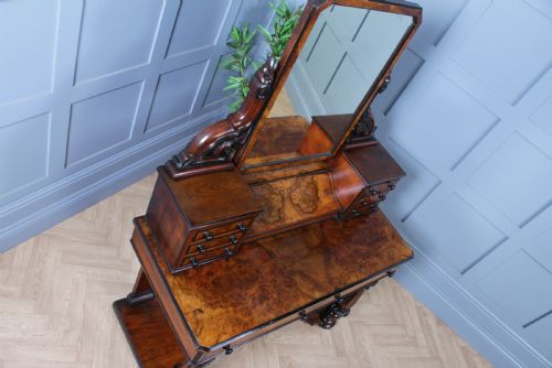 ANTIQUE VICTORIAN BURR WALNUT EBONISED PIANO TOPPED CARVED DUCHESS DRESSING TABLE WITH MIRROR C1860 - ADDITIONAL PHOTO 23