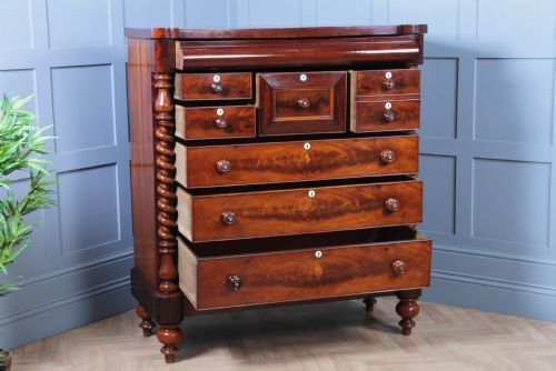 fig 1. Original Antique Victorian Grand Flame Grain Mahogany Scottish Chest of 8 Drawers