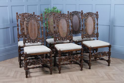 fig 1. Set of 6 Antique Charles II Jacobean C1920's Oak Heavily Carved Tall Back Dining Chairs