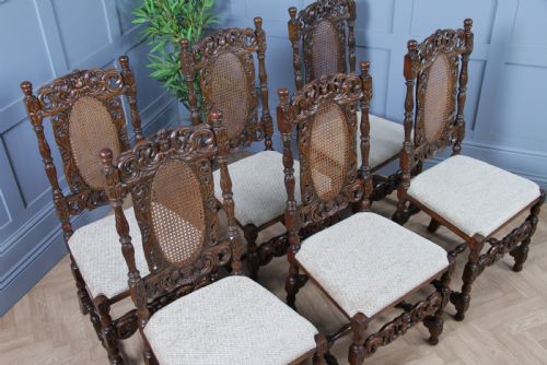 fig 2. Set of 6 Antique Charles II Jacobean C1920's Oak Heavily Carved Tall Back Dining Chairs