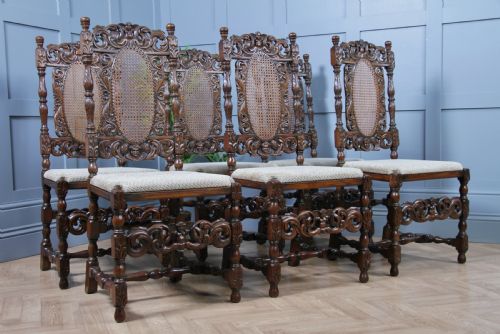fig 4. Set of 6 Antique Charles II Jacobean C1920's Oak Heavily Carved Tall Back Dining Chairs