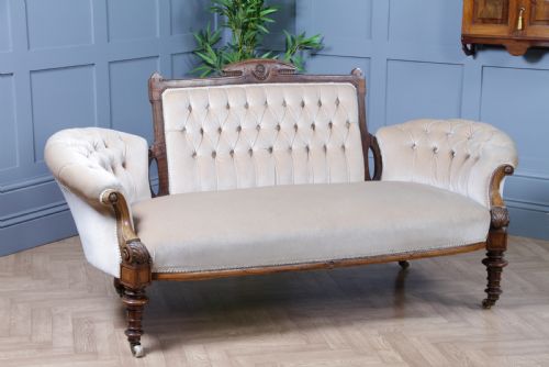 ANTIQUE VICTORIAN WALNUT CARVED 2 PIECE SALON SUITE SOFA CHAIR UPHOLSTERED C1870 - ADDITIONAL PHOTO 6