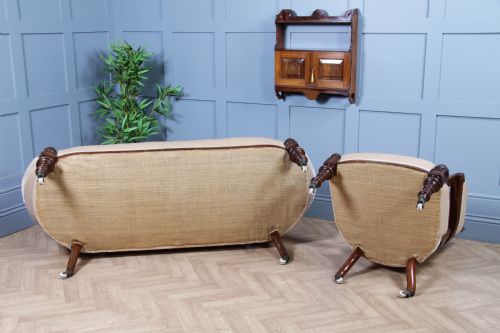 ANTIQUE VICTORIAN WALNUT CARVED 2 PIECE SALON SUITE SOFA CHAIR UPHOLSTERED C1870 - ADDITIONAL PHOTO 30