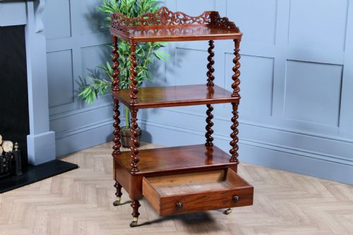 fig 1. Rare Antique Victorian Mahogany 3 Tier Barley Twist What Not Display Shelf With Drawer C1860