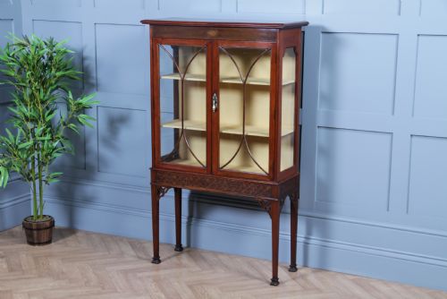 fig 1. Antique Edwardian Sheraton Revival Mahogany Inlaid Glazed Display China Cabinet C1900