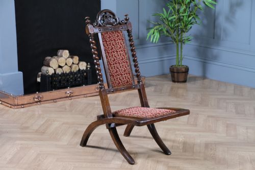 ANTIQUE LATE VICTORIAN SMALL UPHOLSTERED CARVED FOLDING CAMPAIGN CHAIR SEAT C1880 - ADDITIONAL PHOTO 4
