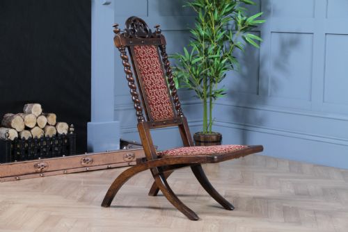 ANTIQUE LATE VICTORIAN SMALL UPHOLSTERED CARVED FOLDING CAMPAIGN CHAIR SEAT C1880 - ADDITIONAL PHOTO 7