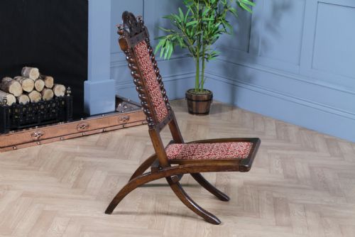 ANTIQUE LATE VICTORIAN SMALL UPHOLSTERED CARVED FOLDING CAMPAIGN CHAIR SEAT C1880 - ADDITIONAL PHOTO 8